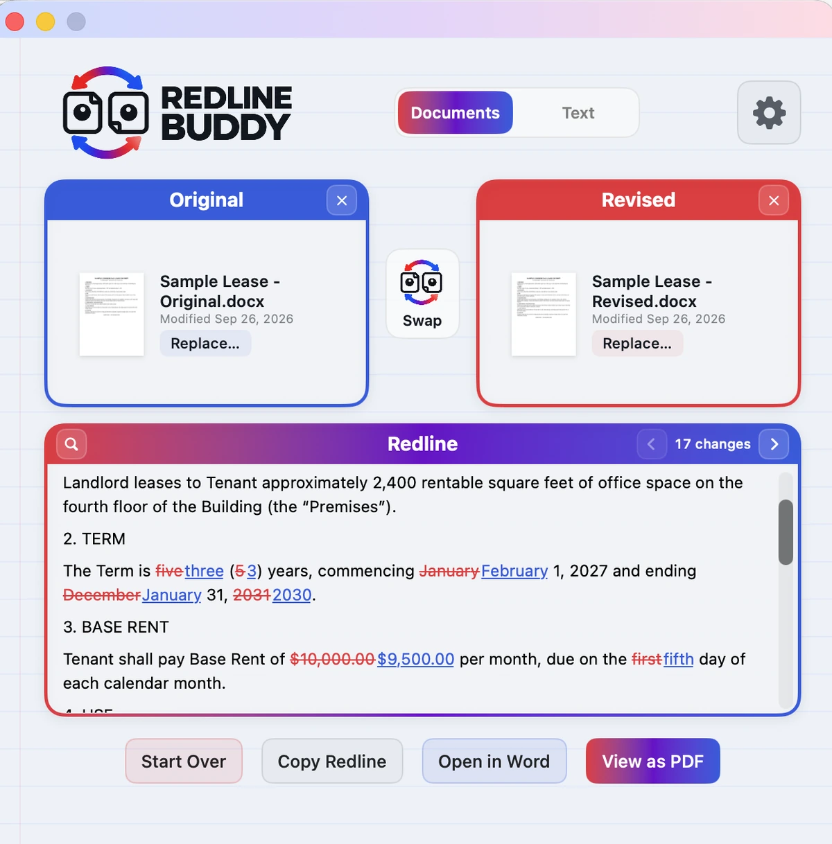 Redline Buddy for Mac in Documents mode with Buddy Redline selected.
