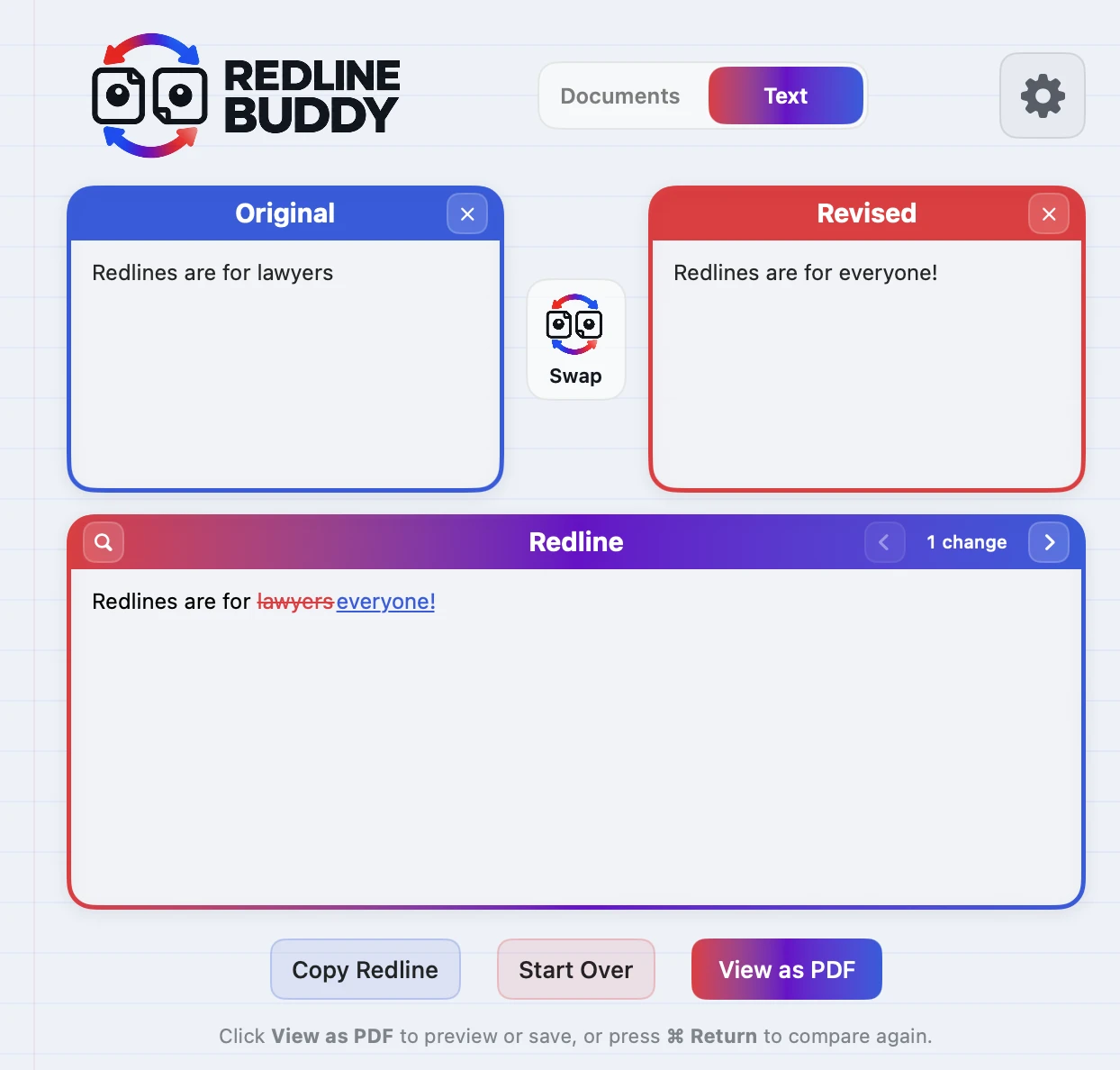 Redline Buddy for Mac showing a redline: 'lawyers' struck through in red and 'everyone!' underlined in blue.